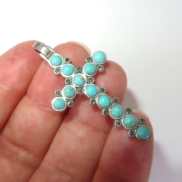 Large Sterling Silver Turquoise Marcasite Pendant - Picture 10 of 13